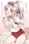  bare_shoulders blush breasts breath buruma covering covering_breasts gym_uniform hairband kantai_collection large_breasts long_hair looking_at_viewer open_mouth ponytail ren_san shoukaku_(kantai_collection) silver_hair solo translated very_long_hair 