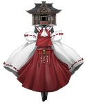  ascot box detached_sleeves donation_box full_body hakurei_reimu mazeran parody persona ribbon shrine solo style_parody torii touhou transparent_background 