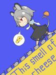  animal animal_ears black_dress cheese chibi crazy_eyes dress english food grey_hair ishimu mouse mouse_ears mouse_tail nazrin red_eyes saliva short_hair solo spoken_food spoken_object tail touhou 