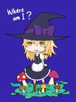  apron blonde_hair blue_background bow braid chibi crying hair_bow hat hat_bow ishimu kirisame_marisa mushroom side_braid solo tears touhou waist_apron witch_hat yellow_eyes 