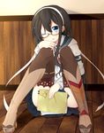  bad_id bad_pixiv_id between_legs black_hair blue_eyes boots brown_legwear clipboard commentary covering covering_crotch fuuen_(akagaminanoka) glasses hairband hand_between_legs highres kantai_collection knees_together_feet_apart long_hair one_eye_closed ooyodo_(kantai_collection) ribbon school_uniform serafuku shirt sitting skirt smile solo thigh_boots thighhighs tongue tongue_out upskirt 