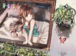  ahoge alternate_costume arm_support bad_id bad_pixiv_id bare_shoulders barefoot bear bed bow brown_eyes brown_hair bug butterfly flower flower_pot from_outside insect kantai_collection kneeling kuma_(kantai_collection) leaning_forward long_hair looking_to_the_side on_bed plant ryouma_(rym_vrite) shirt shorts sleeveless sleeveless_shirt solo toy window 