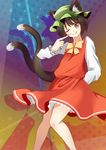  :p animal_ears bow bowtie brown_hair cat cat_ears cat_tail chen dress fingernails hand_to_own_mouth hat long_sleeves looking_at_viewer mob_cap multiple_tails nail_polish nekomata one_eye_closed red_nails sharp_fingernails slit_pupils solo tail tongue tongue_out touhou vivicat 