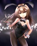  animal_ears bow bowtie brown_eyes brown_hair bunny_ears bunnysuit cup detached_collar drinking_glass goblet grimjin hand_on_hip highres long_hair original pantyhose tray wine_glass wrist_cuffs 