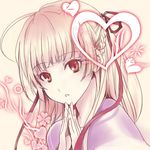  alternate_hair_color bangs blonde_hair blunt_bangs braid face hair_ribbon half_updo hands_together heart inari_konkon_koi_iroha. looking_at_viewer ootsuki_tooru parted_lips pink red_eyes ribbon solo sumizome_akemi 