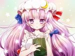  :&lt; alternate_costume arm_strap bad_id bad_pixiv_id bare_arms book crescent dress hair_ribbon hat long_hair looking_at_viewer mob_cap patchouli_knowledge purple_eyes purple_hair ribbon sleeveless sleeveless_dress solo star suzuki_moeko touhou tress_ribbon upper_body very_long_hair white_dress 