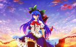  black_legwear blue_hair bow bowtie cape capelet cloud cloudy_sky dress food food_themed_clothes frilled_skirt frills from_behind fruit hair_between_eyes hat highres hinanawi_tenshi long_hair long_skirt looking_at_viewer multiple_girls nagae_iku nekominase peach puffy_short_sleeves puffy_sleeves rainbow_gradient rainbow_order red_bow red_eyes ribbon shawl shirt short_sleeves skirt skirt_set sky smile sunset thighhighs touhou very_long_hair white_shirt 