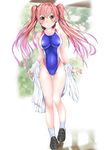  bangs bare_shoulders black_footwear brown_eyes collarbone competition_swimsuit dress_shirt eyebrows_visible_through_hair full_body loafers long_hair looking_at_viewer mashinatsu one-piece_swimsuit original pink_hair shirt shoes solo swimsuit twintails walking 