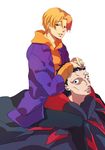  black_hair carrying caster_(fate/zero) cloak fate/zero fate_(series) hood hoodie jacket multiple_boys orange_hair purple_jacket shoulder_carry uryuu_ryuunosuke windbard 