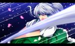  action attack bow cherry_blossoms dress face green_dress green_eyes hair_bow hairband highres katana konpaku_youmu letterboxed looking_at_viewer nekominase open_mouth petals ribbon shirt short_sleeves silver_hair slashing solo sword touhou weapon 