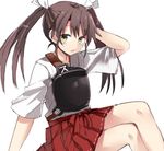  arm_behind_head arm_support bare_legs brown_eyes brown_hair crossed_legs hair_ribbon hakama_skirt japanese_clothes kantai_collection kuhotaka looking_at_viewer muneate pleated_skirt red_skirt ribbon simple_background sitting skirt solo twintails white_background white_ribbon zuikaku_(kantai_collection) 