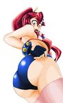  1girl artist_request ass belt bikini_top blush breasts elbow_gloves female fingerless_gloves from_behind from_below gloves hair_ornament huge_ass large_breasts looking_at_viewer looking_back looking_down open_mouth pink_legwear ponytail red_hair short_shorts shorts surprised tengen_toppa_gurren_lagann thighhighs yellow_eyes yoko_littner 