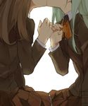  ascot brown_hair green_hair hita_(hitapita) kantai_collection kiss kumano_(kantai_collection) long_hair long_sleeves multiple_girls pinky_swear school_uniform skirt suzuya_(kantai_collection) yuri 