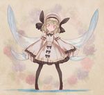  black_legwear blonde_hair bow dress drill_hair fairy_wings floral_background floral_print full_body hat hat_bow high_heels long_sleeves luna_child pantyhose puffy_sleeves red_eyes short_hair smile solo touhou white_dress wide_sleeves wings yamamomo_(plank) 