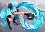  bad_id bad_pixiv_id black_skirt blue_hair boots detached_sleeves hatsune_miku headset highres long_hair mamushi necktie open_mouth outstretched_arms pleated_skirt purple_eyes skirt solo spread_arms thigh_boots thighhighs twintails very_long_hair vocaloid wide_sleeves wing_collar 