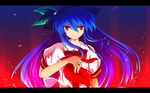  blue_hair bow bowtie dress food food_themed_clothes fruit hair_between_eyes hand_up hat hat_ribbon highres hinanawi_tenshi letterboxed long_hair looking_at_viewer nekominase peach puffy_short_sleeves puffy_sleeves red_eyes ribbon shirt short_sleeves solo touhou upper_body very_long_hair white_shirt 