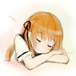  closed_eyes hair_ribbon inari_konkon_koi_iroha. long_hair orange_hair ponareon_ponaparte ribbon school_uniform serafuku sleeping solo sumizome_akemi 