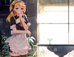  alternate_costume apron ayase_eli blonde_hair blue_eyes enmaided highres jun_project long_hair love_live! love_live!_school_idol_project maid maid_headdress pinstripe_pattern ponytail smile solo striped thighhighs waist_apron 