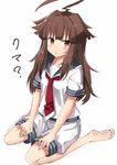  ahoge bangs barefoot blunt_bangs blush brown_eyes brown_hair hands_on_thighs kantai_collection kuhotaka kuma_(kantai_collection) long_hair looking_at_viewer neckerchief sailor_collar school_uniform serafuku shorts simple_background sitting solo wariza white_background 