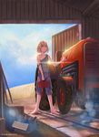  barefoot blonde_hair capri_pants cloud day dead-robot dirty_feet farm flat_chest green_eyes naked_overalls original overalls pants short_hair sky solo strap_slip toolbox tractor 