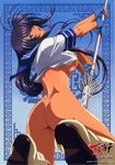  1girl ass back blue_eyes blue_gloves bottomless breasts dark_skin fingerless_gloves gloves ikkitousen kan&#039;u_unchou kan'u_unchou large_breasts long_hair nude_filter open_mouth photoshop polearm purple_hair pussy solo spear uncensored underboob weapon 