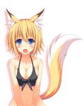  animal_ears bikini_top blonde_hair blue_eyes blush breasts d-savio fang fox_ears fox_tail highres large_breasts looking_back navel open_mouth original short_hair solo tail white_background 