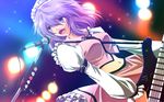  between_breasts blue_hair breasts crop_top dress guitar hat highres instrument juliet_sleeves large_breasts long_sleeves merlin_prismriver microphone midriff music navel nekominase open_mouth pink_dress playing_instrument puffy_sleeves purple_eyes smile solo stage_lights teeth touhou 