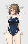  &gt;:( annoyed blue_eyes blush breasts brown_hair competition_swimsuit covered_navel frown hair_ornament highres kantai_collection large_breasts maya_(kantai_collection) one-piece_swimsuit short_hair solo soukou_makura swimsuit translated v-shaped_eyebrows 