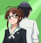  1boy 1girl akizuki_ritsuko black_hair brown_hair glasses green_background idolmaster idolmaster_2 namco orange_eyes pixel_art pixiv_thumbnail producer_(idolmaster) 