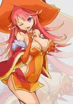  bare_shoulders blue_eyes breast_hold breasts cleavage detached_sleeves dress hat laila_(p&amp;d) large_breasts long_hair looking_at_viewer memento_vivi one_eye_closed open_mouth orange_dress pink_hair puzzle_&amp;_dragons smile star wide_sleeves witch_hat zoom_layer 