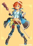  :q beige_background belt blue_eyes bottle coat compass full_body holding holding_weapon holster jug knife last_summoner long_sleeves looking_at_viewer midriff one_side_up open_clothes open_coat orange_hair p-kana polearm pom_pom_(clothes) rod shiny shiny_skin shirt simple_background solo staff standing t-shirt tongue tongue_out weapon 