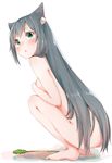  :&lt; animal_ears ass bad_id bad_pixiv_id barefoot black_hair breasts cat_ears cat_teaser covering covering_breasts green_eyes knees_to_chest long_hair nude rima_(rimarip) solo squatting very_long_hair white_background 