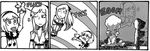  3koma :d ^_^ closed_eyes comic drag-on_dragoon drag-on_dragoon_3 explosion flower greyscale leg_hug long_hair monochrome multiple_girls one_(drag-on_dragoon) one_eye_closed open_mouth setz smile sound_effects thumbs_up tossing what zero_(drag-on_dragoon) 