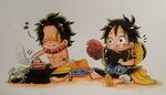  black_hair brothers chibi food graphite_(medium) hat iron meat monkey_d_luffy multiple_boys one_piece onexone pencil_(medium) portgas_d_ace siblings sitting traditional_media 