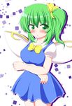  :o absurdres blush bow bowtie breasts collared_shirt cowboy_shot crossed_arms daiyousei dress fairy_wings green_eyes green_hair hair_ribbon highres jpeg_artifacts large_breasts looking_at_viewer open_mouth puffy_short_sleeves puffy_sleeves ribbon shirt short_hair short_sleeves side_ponytail solo touhou wings yakumo_nanahara 