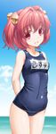  absurdres arms_behind_back bell blue_sky blush byeontae_jagga character_name cloud collarbone day hair_bell hair_ornament highres motoori_kosuzu name_tag ocean one-piece_swimsuit outdoors pink_eyes pink_hair school_swimsuit shiny shiny_clothes skindentation sky smile solo swimsuit touhou two_side_up water 