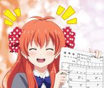  ^_^ blush bow closed_eyes commentary gekkan_shoujo_nozaki-kun hair_bow lavoy_(kurakuro) long_hair marriage_certificate_(object) orange_hair polka_dot polka_dot_bow rouman_academy_uniform sakura_chiyo school_uniform solo sparkle upper_body 