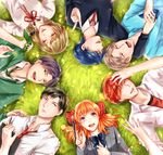  4boys black_hair blonde_hair blue_hair bow brown_eyes brown_hair circle_formation closed_eyes from_above gekkan_shoujo_nozaki-kun green_eyes grey_eyes hair_bow hori_masayuki index_finger_raised kashima_yuu lying mikoshiba_mikoto multiple_boys multiple_girls necktie necktie_grab neckwear_grab nozaki_umetarou on_back open_mouth orange_hair pen polka_dot polka_dot_bow purple_eyes purple_hair red_eyes red_hair rouman_academy_uniform sakura_chiyo school_uniform seo_yuzuki smile wakamatsu_hirotaka yan_wong 