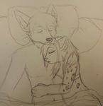  bed canine cornflower feline fox leopard lying mammal monochrome muse_aluveaux_(artist) muse_aluveaux_(character) snow_leopard topless 