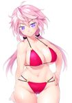  bare_shoulders bikini blush breasts cowboy_shot curvy hair_tie hand_on_hip large_breasts looking_at_viewer messy_hair navel onsoku_maru original pink_hair purple_eyes red_bikini simple_background smile solo standing swimsuit thigh_gap toned tsurime twintails white_background 