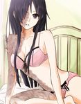  artist_request bed black_hair bow bow_bra bow_panties bra burn_scar derivative_work hair_over_one_eye highres ikezawa_hanako jpeg_artifacts katawa_shoujo lingerie navel off_shoulder on_bed panties parted_lips pink_bra pink_panties purple_eyes scar sitting solo strap_slip underwear underwear_only 