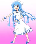  :d blue_eyes blue_hair blush bracelet controller dress game_controller hat highres ikamusume jewelry k.u.n.e. open_mouth playing_games shinryaku!_ikamusume slippers smile solo squid_hat sundress tentacle_hair v-shaped_eyebrows wii_remote 