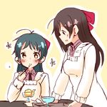  ahoge black_hair blush bow brown_hair eating flower food hair_bow ice_cream irako_(kantai_collection) kantai_collection kappougi long_hair long_sleeves lowres mamiya_(kantai_collection) multiple_girls ponytail red_bow satoshi_(peso727) spoon spoon_in_mouth tray yellow_background 