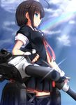  ahoge black_gloves black_hair blue_eyes braid cloud cowboy_shot cuon_(kuon) fingerless_gloves gloves highres kantai_collection long_hair machinery profile rainbow school_uniform serafuku shigure_(kantai_collection) short_sleeves single_braid skirt sky solo sparkle sunlight turret 