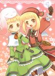  :d antiphona_no_seikahime arm_up blonde_hair bow bowtie brown_eyes clara_dorfer coat creature dress finger_to_mouth gloves green_dress kairi_(oro-n) miabell_dorfer multiple_girls open_mouth pink_background rento_(antiphona) shawl short_hair siblings sisters smile star 