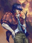  blue_eyes brown_hair cabbie_hat hangleing hat jacket jojo_no_kimyou_na_bouken joseph_joestar_(young) male_focus manly necktie pose red_jacket solo 