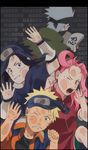  1girl 3boys against_glass black_eyes black_hair black_shirt blonde_hair blue_eyes book cellphone copyright_name face_mask forehead_protector fourth_wall green_eyes grey_hair half_mask haruno_sakura hatake_kakashi headband mask multiple_boys naruto oba-min open_mouth phone pink_hair shirt sweatdrop team7 teeth uchiha_sasuke uzumaki_naruto wallpaper whiskers 