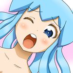  blue_eyes blue_hair blush collarbone d: ikamusume k.u.n.e. looking_at_viewer nude one_eye_closed open_mouth out-of-frame_censoring shinryaku!_ikamusume solo tentacle_hair upper_body wince 
