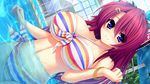  1girl bikini blue_eyes blush breasts collarbone game_cg hair_ribbon highres huge_breasts long_hair looking_at_viewer navel partially_submerged pink_hair ponytail pool ribbon smile solo standing swimsuit syroh water wet yakimochi_stream 