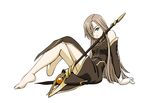  aqua_eyes arm_support barefoot brown_hair detached_sleeves dress full_body gloves long_hair simple_background sitting sleeveless sleeveless_dress solo staff tales_of_(series) tales_of_the_abyss tear_grants white_background white_gloves 